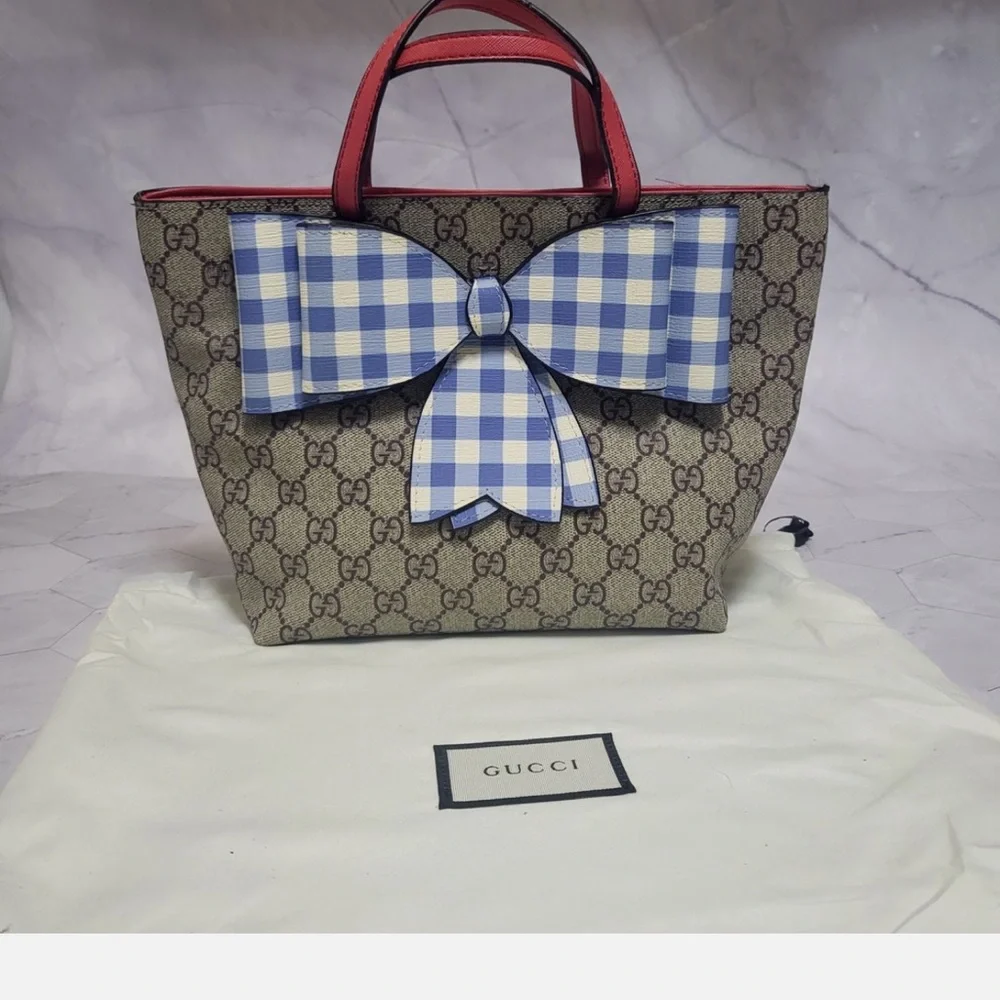 Gucci Brown and Blue Gingham Bow Tote - Picture 1 of 5